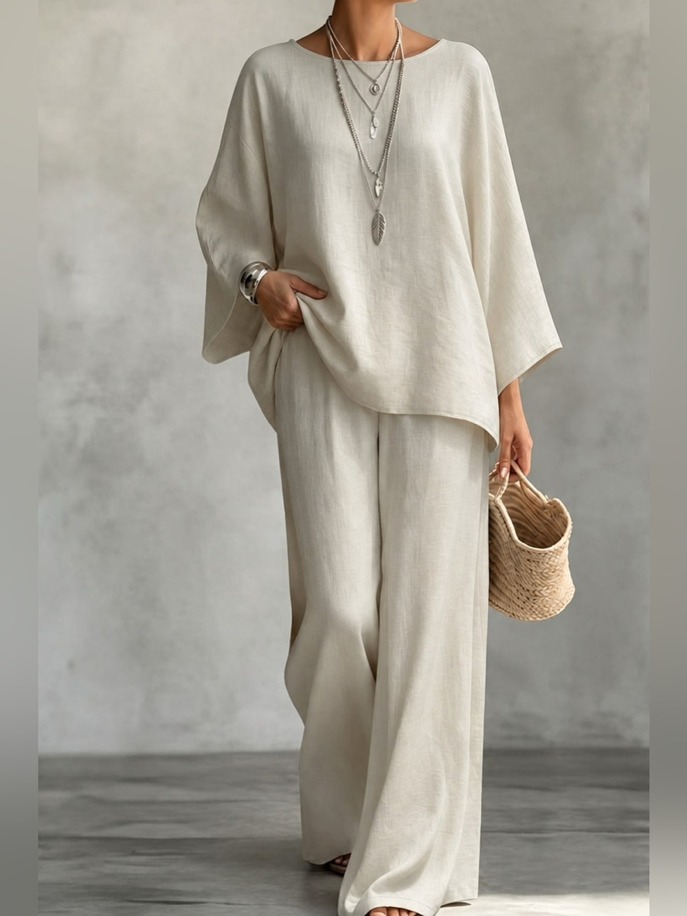 Linen Boat Neck Top and Wide-Leg Pants Set